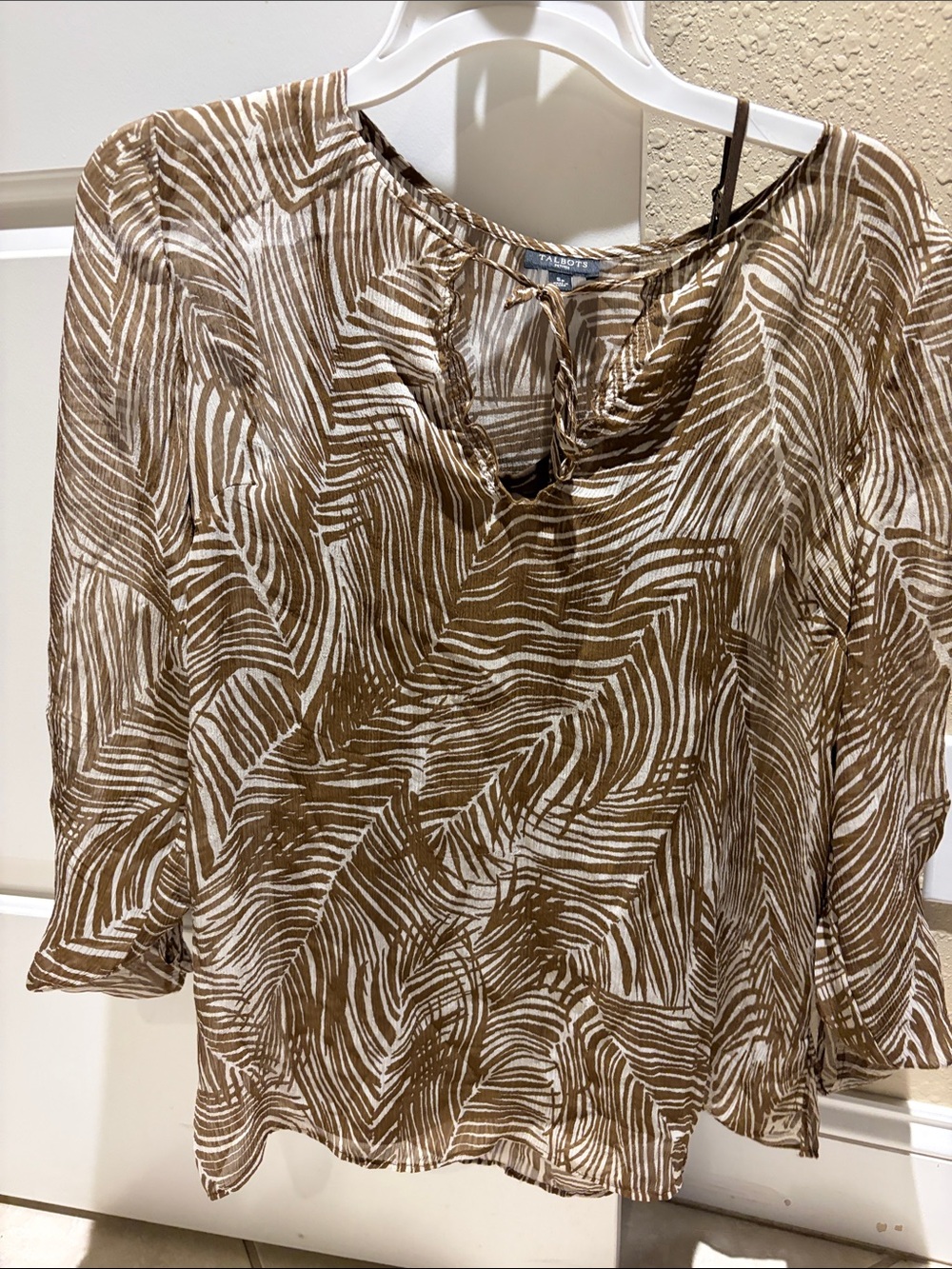 Talbots Brown and White Print Sheer V-Neck Tunic